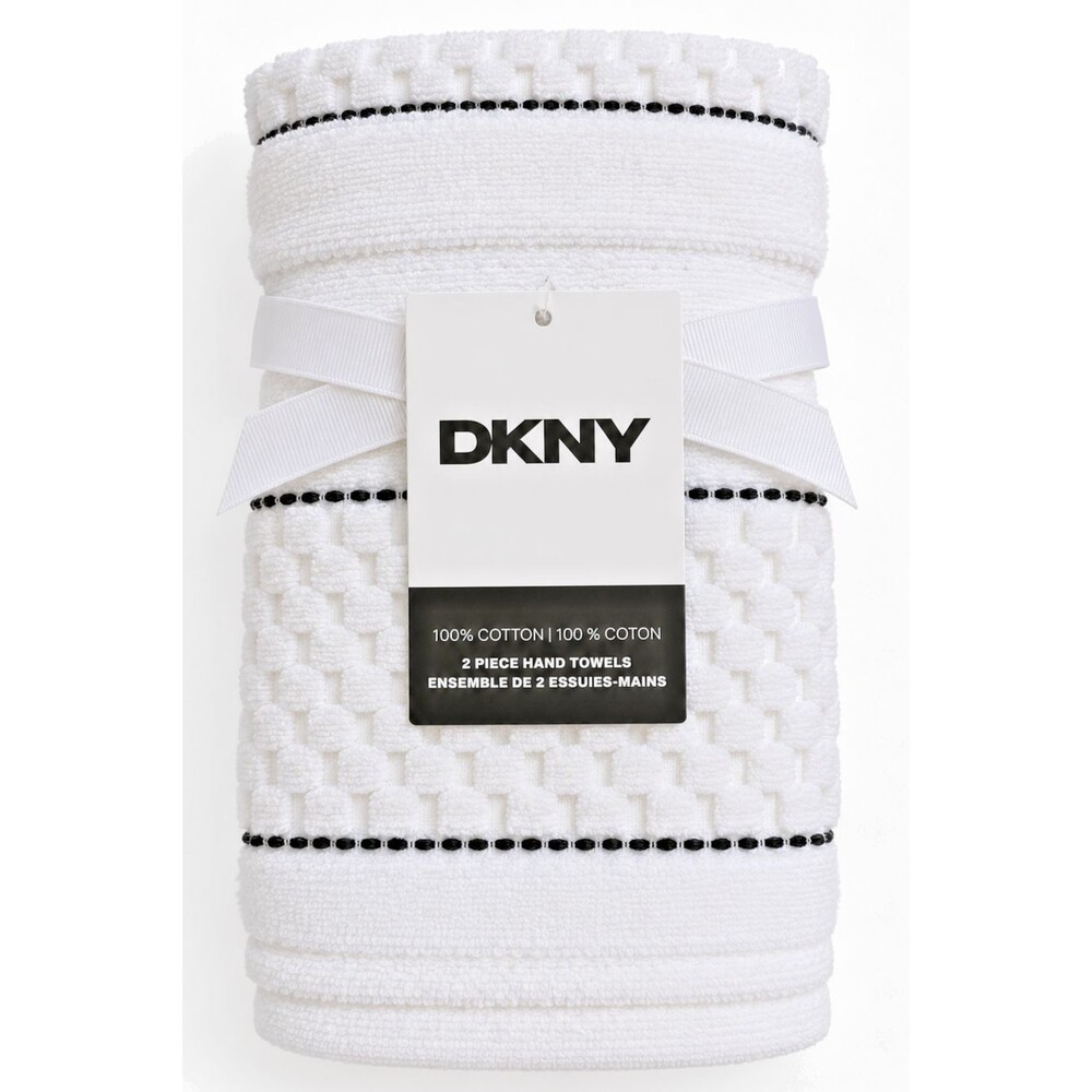 DKNY Hand Towels White Black Stripe Set of 2 Textured 100% Cotton 16x28 Soft